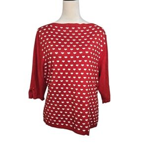 Heart Print Red Sweater White Heart 3/4 Sleeve Bow Cute Knit Valentines Large XL